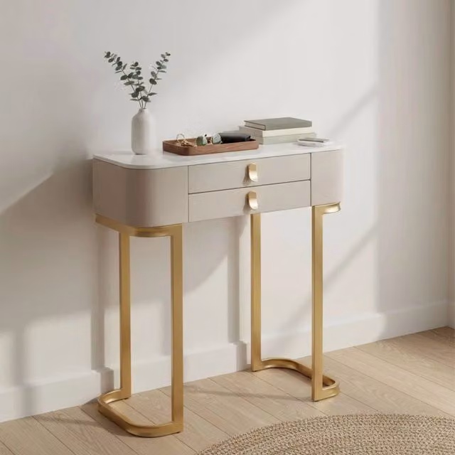 Consolle Ronda, Tavolo multiuso, Mobiletto d'appoggio, Scrivania da corridoio, Crema e Oro, 70x40 h80 cm