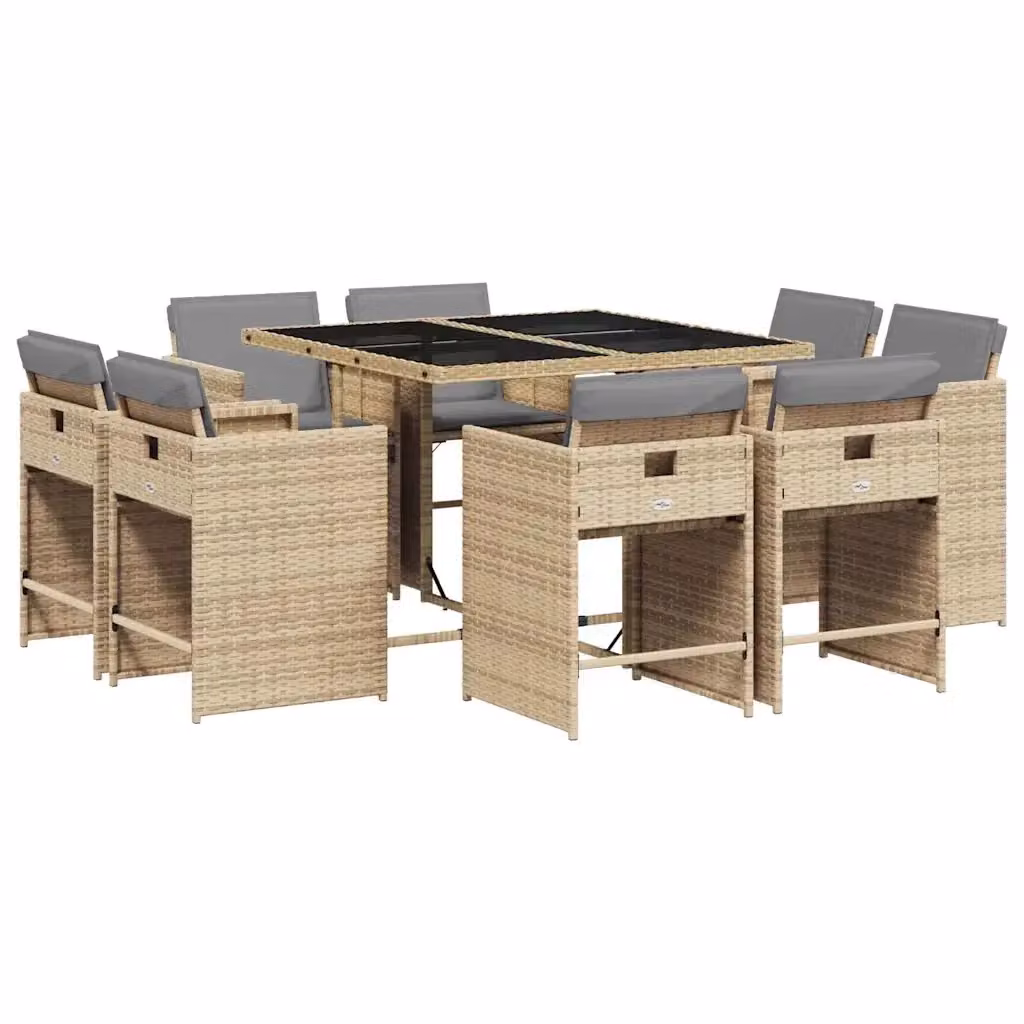 Set Pranzo da Giardino vidaXL 9 pz in Polyrattan con Cuscini Beige Misto e Piano in Vetro – 2