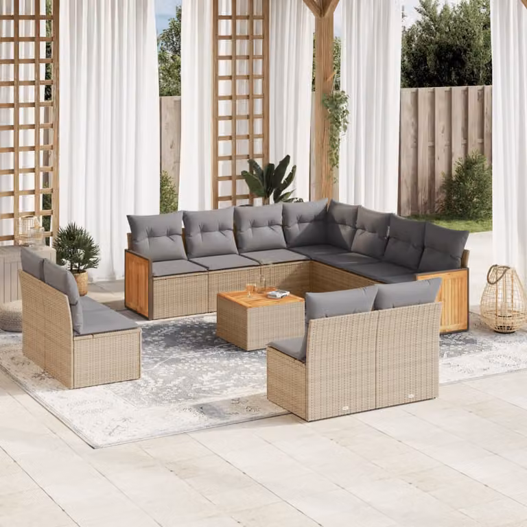 Set di divani da giardino vidaXL a forma di U composto da 12 pezzi in polyrattan con cuscini beige e tavolino da esterno