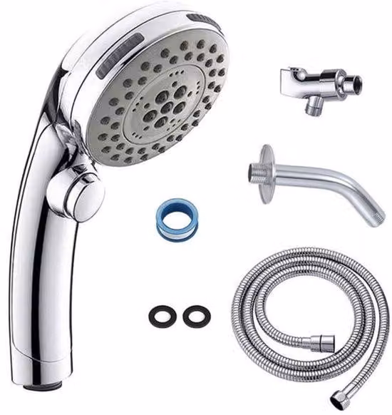 Soffione da bagno cromato con cinque getti, funzione antiscottatura e accessori.