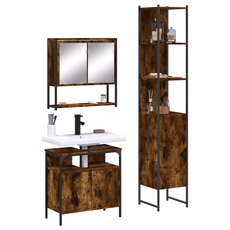 Set di mobili da bagno vidaXL 3 pezzi in legno e metallo colore marrone stile industriale composto da mobile lavabo, armadietto con specchio e colonna alta L/P/H: 60 x 30 x 185,5 cm