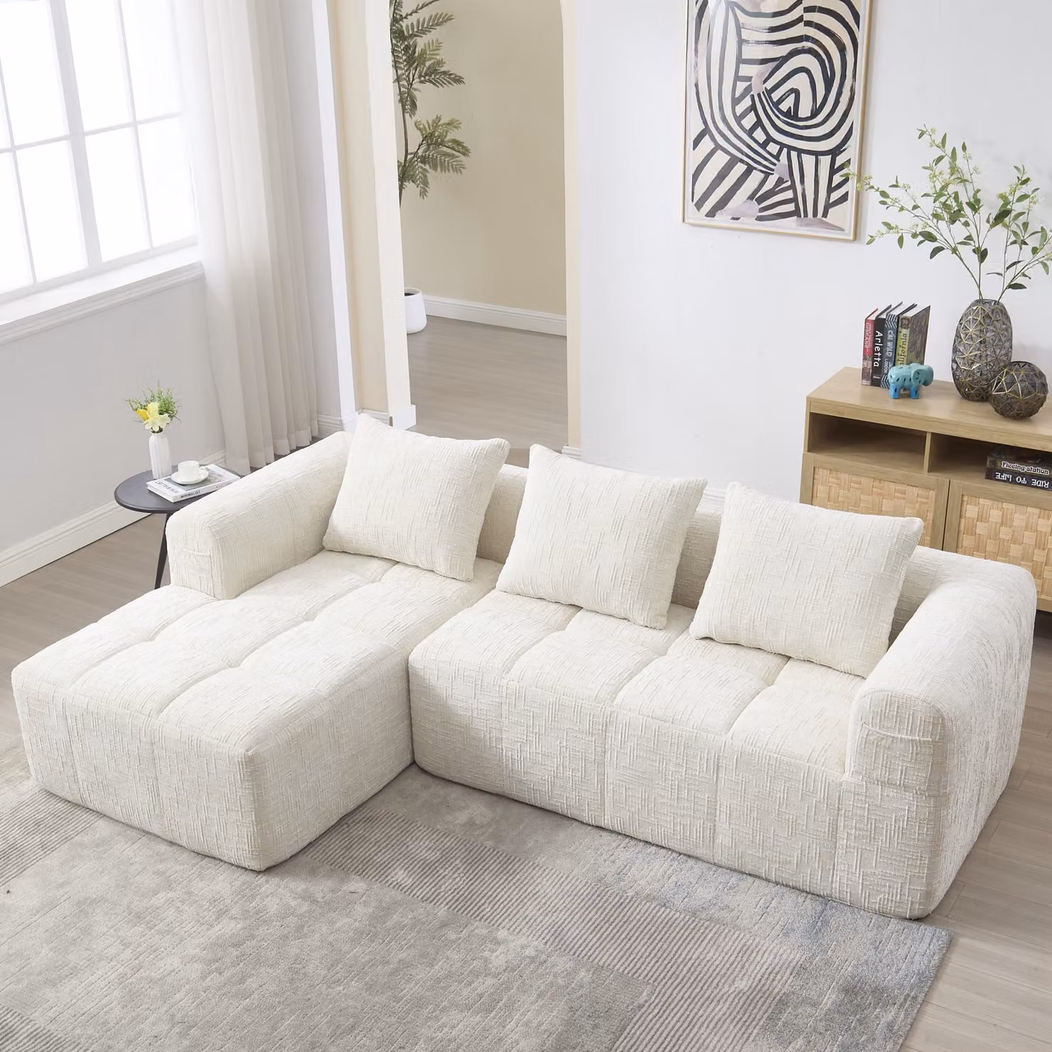 LVHOM Divano angolare con funzione letto a L, divano letto con tasche laterali, 3 posti, divano da salotto, divano, divano letto, set di divani angolari imbottiti, beige