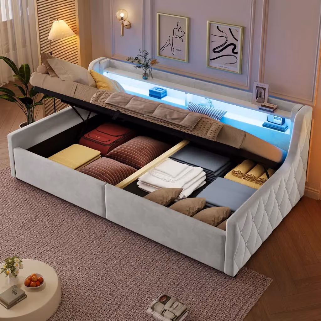 Letto singolo con contenitore Mivray con testiera imbottita e illuminazione LED, rivestito in tessuto, L/P/H: 90 x 200 x 105 cm – 2