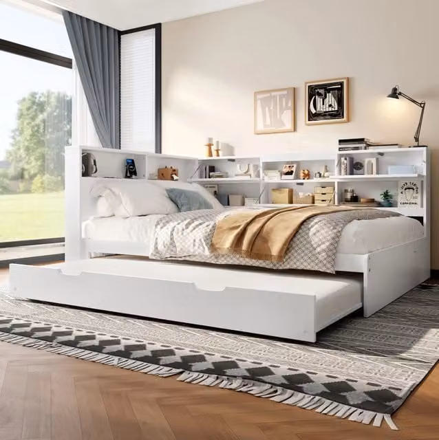 Letto 140x200 cm con letto estraibile e vano testiera in pino bianco
