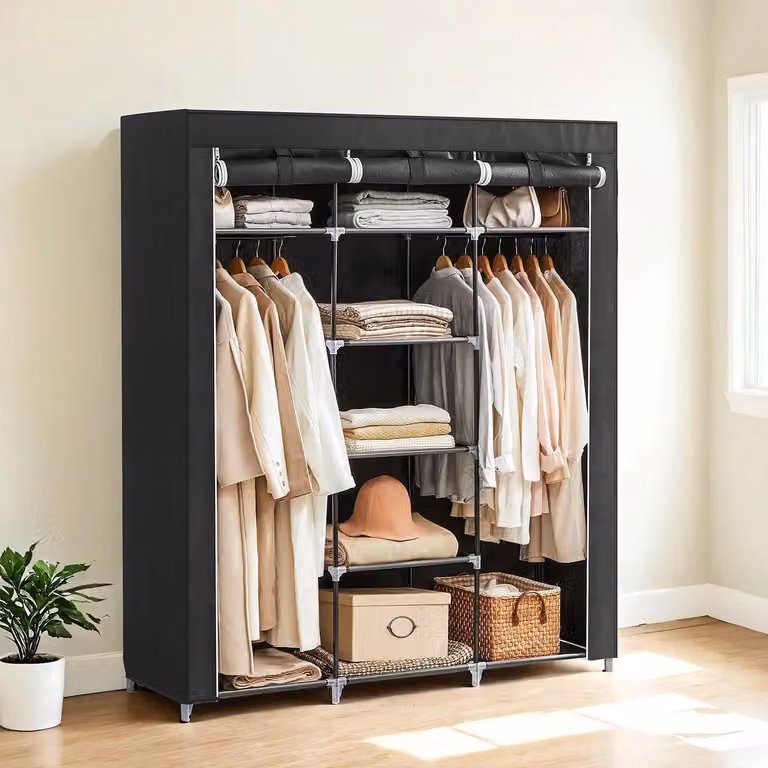 Armadio pieghevole – armadio in tessuto – struttura in acciaio – nero – antipolvere – 150 x 175 x 45 cm