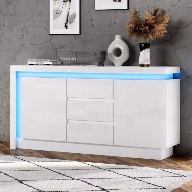 Madia moderna Mivray per soggiorno con 2 ante, 3 cassetti, ripiani regolabili e illuminazione LED, bianca lucida, L: 140 cm, P: 35 cm, H: 72 cm