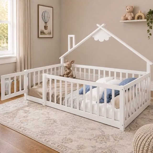 Letto bambino 90x190 cm in legno di pino bianco con sponda protettiva e design casetta