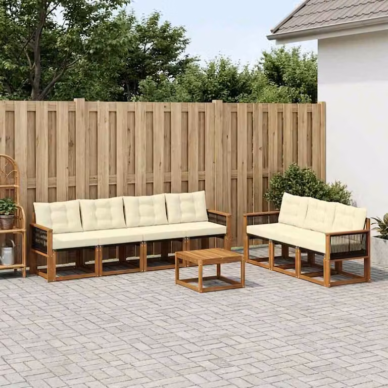 Set di divani da esterno vidaXL 8 pz in legno di acacia con tavolino e cuscini, colore beige e bianco