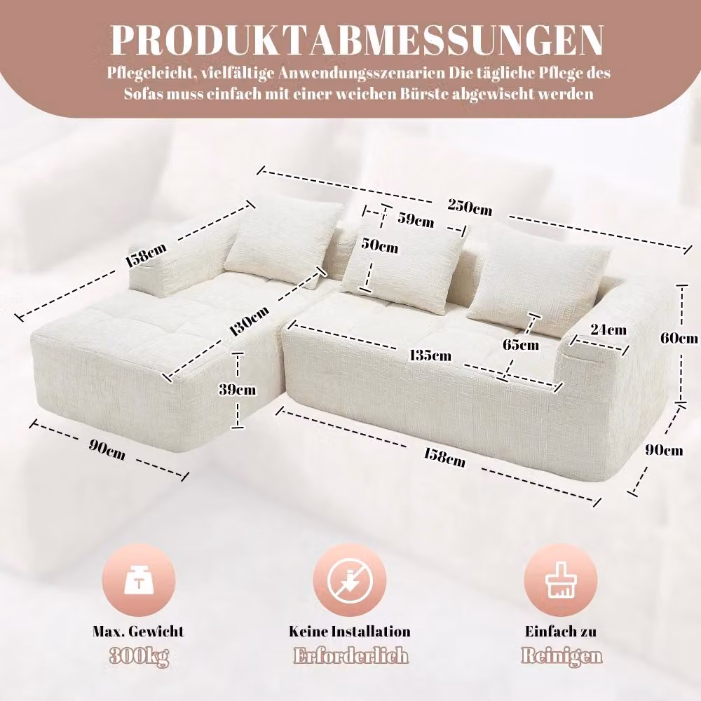 Divano angolare a forma di L - Divano a 3 posti - Tessuto in chenille - Non richiede montaggio - Stile moderno - Beige