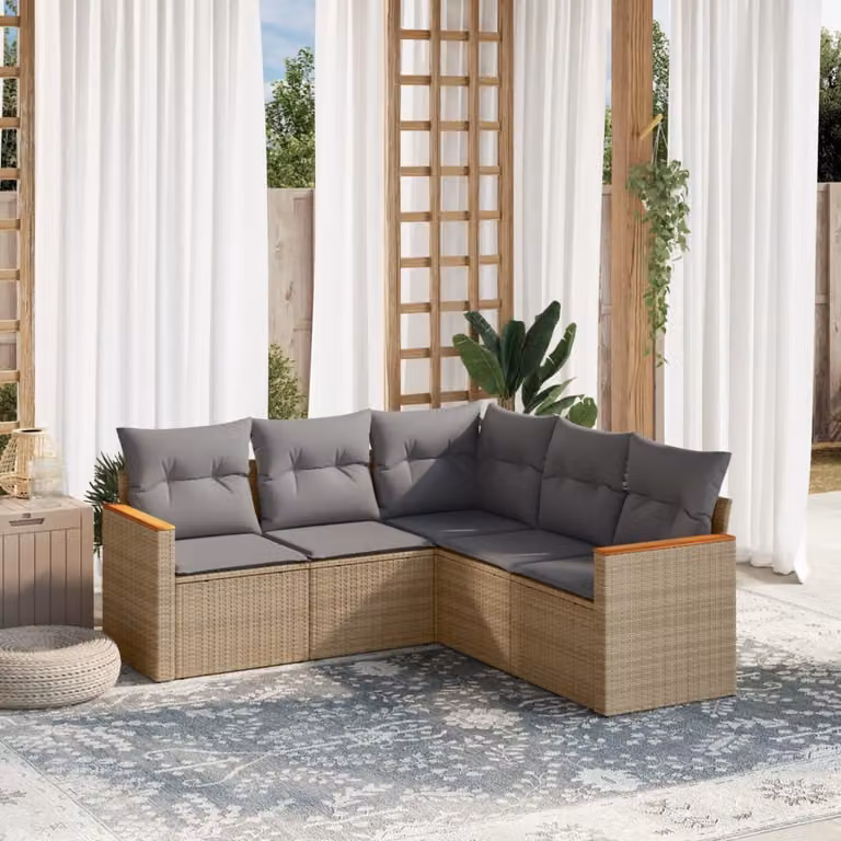 Set Divano da Giardino a L vidaXL 5 pz con Cuscini Beige e Grigio in Polyrattan e Acciaio
