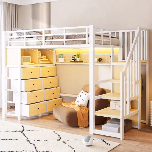 Letto a soppalco 90x200 cm con 8 cassetti; scala contenitore e LED; in metallo e MDF; bianco per cameretta