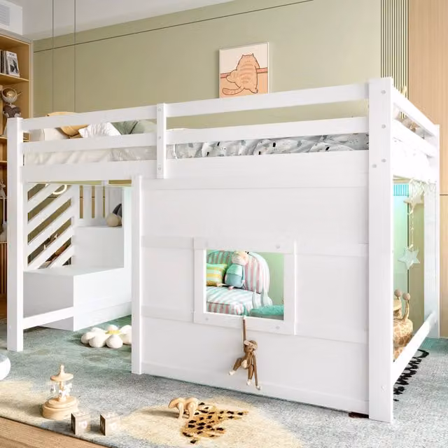 Letto a soppalco 140x200 cm con scala contenitore; finestra e LED in MDF; pino e compensato bianco