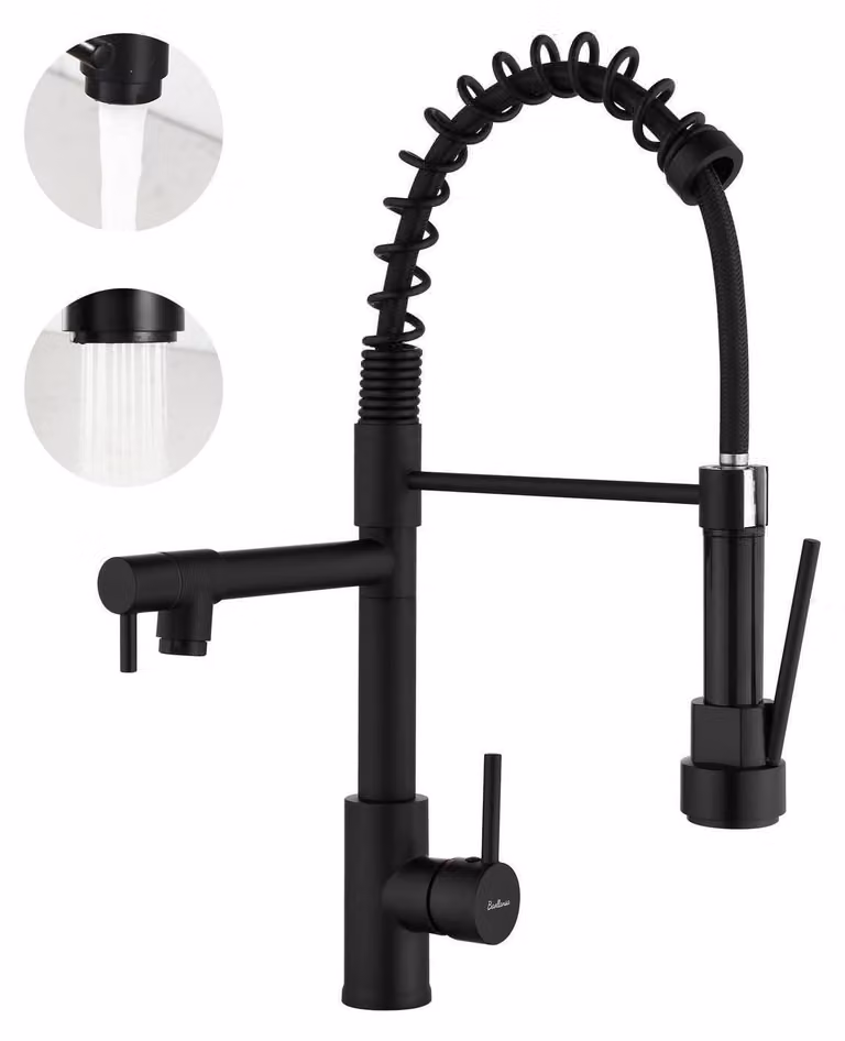 Miscelatore da cucina con doccetta estraibile, girevole a 360°, alta pressione, doppia funzione spray, acciaio inossidabile, colore nero