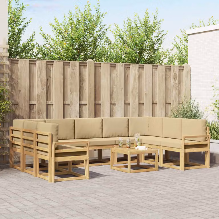Set di divani da esterno vidaXL a forma di U composto da 10 pezzi in legno di acacia con cuscini in poliestere bianco e beige