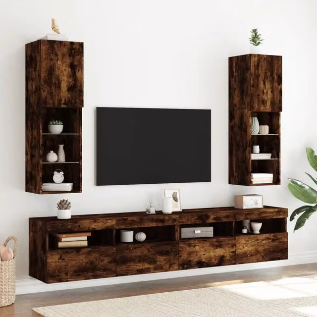 Set di 2 mobili porta TV vidaXL con luci LED integrate in rovere fumo, design moderno per soggiorno, L/P/H: 30,5 x 30 x 102 cm