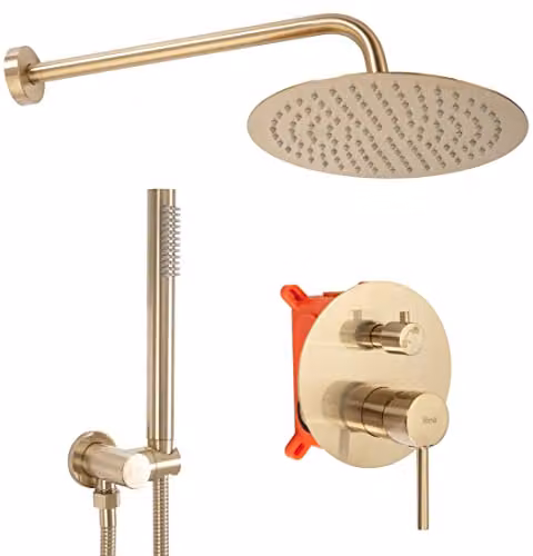Rea - Lungo Set Doccia Incasso Oro Opaco + Box Sistema Doccia In Ottone Per Bagno (Oro) 36x16x36,5cm