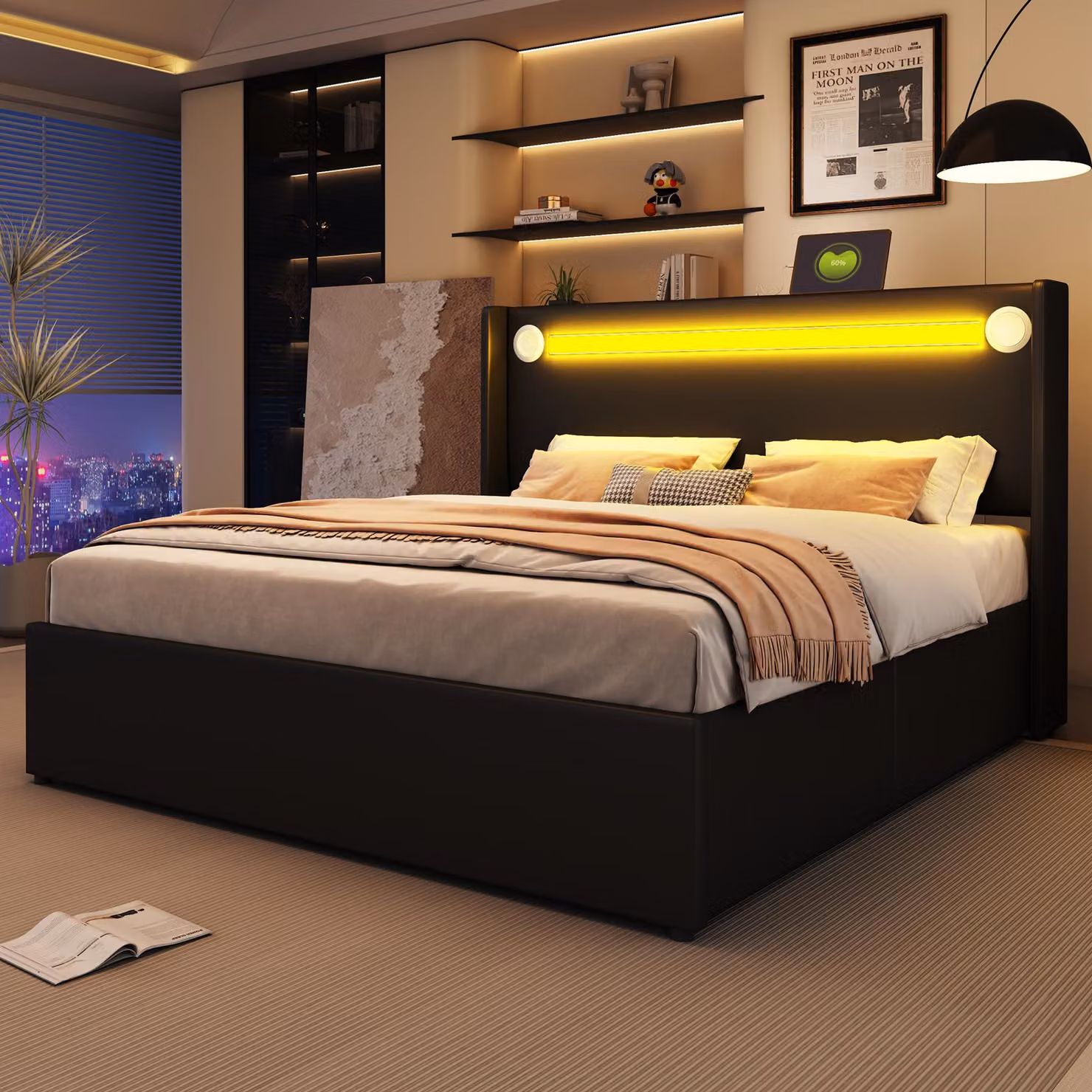 Letto imbottito Merax 160x200 cm con striscia LED, letto per giovani con altoparlante Bluetooth, prese USB, spazio contenitore con sistema idraulico, rivestito in ecopelle, colore nero