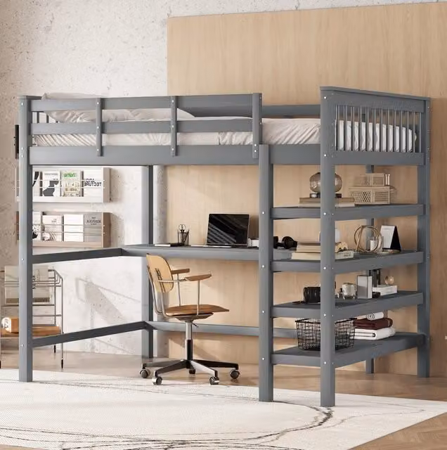 Letto a soppalco 140x200 cm con scrivania e ripiani; pino e MDF; grigio
