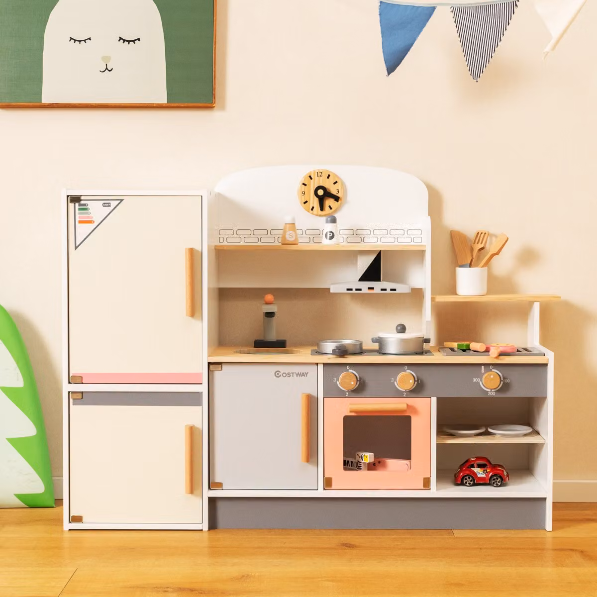 Set da cucina giocattolo in legno Costway con frigorifero e lavandino, colore bianco, per bambini dai 3 anni in su