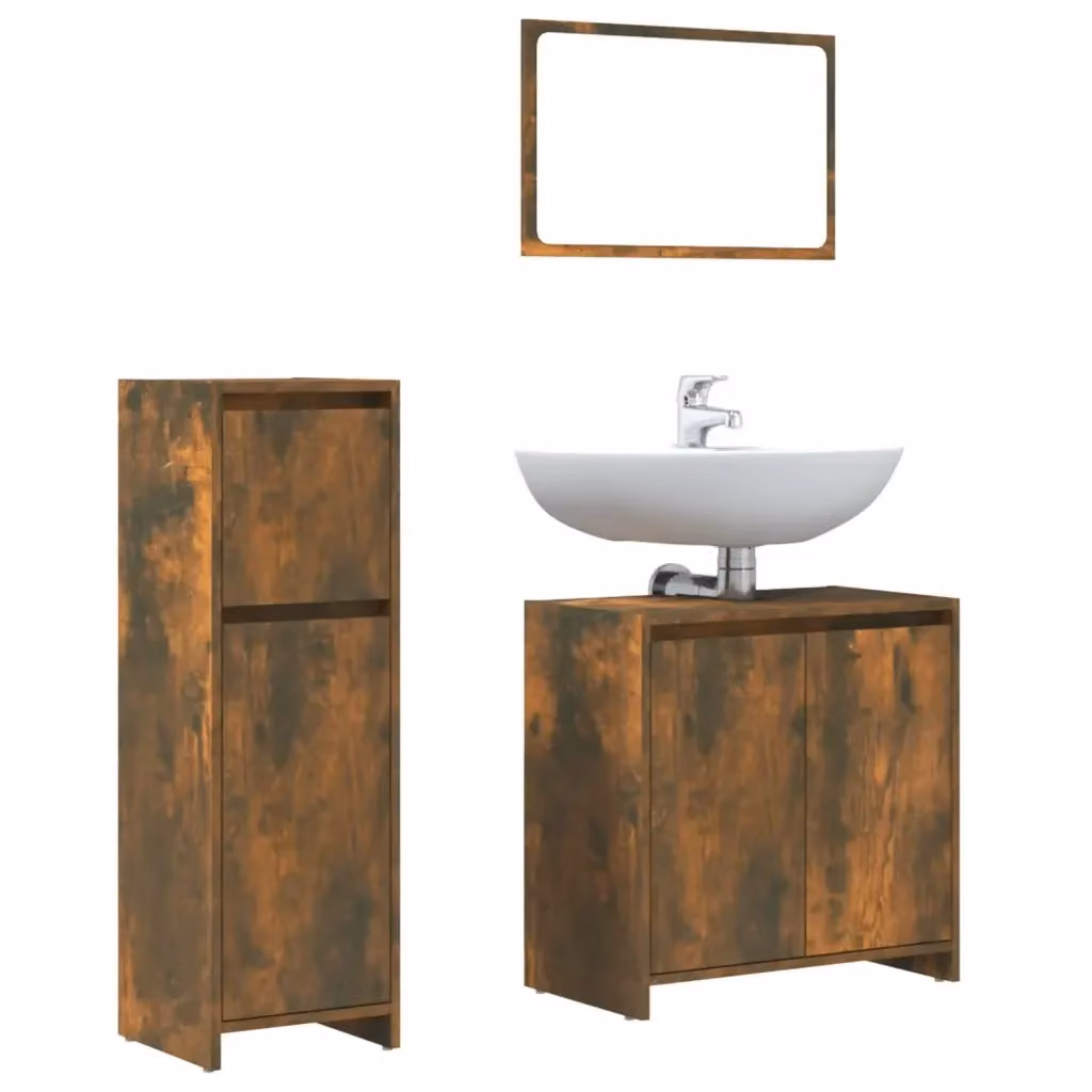 Set di mobili da bagno moderno vidaXL in legno color rovere marrone composto da 3 pezzi con armadietto a specchio, pensile e mobile lavabo sospeso – 2