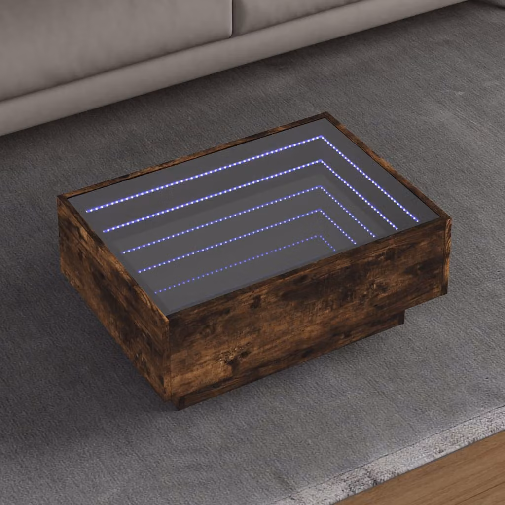 vidaXL Tavolino da salotto moderno in legno color rovere fumo con LED, L: 70 cm, P: 50 cm, H: 30 cm