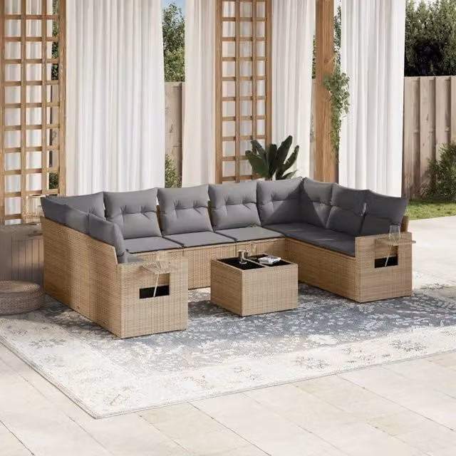 Set Divano da Giardino VIDAXL a L in Polyrattan con Cuscini Beige, 10 Pezzi