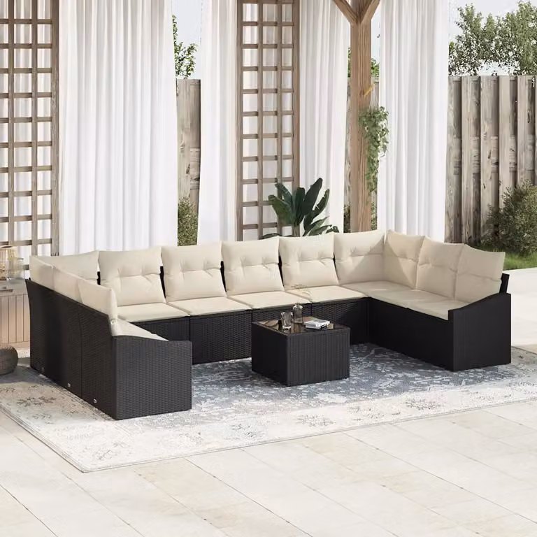 Set di divani da giardino vidaXL a forma di U composto da 11 pezzi in rattan nero con cuscini beige e struttura in acciaio nero