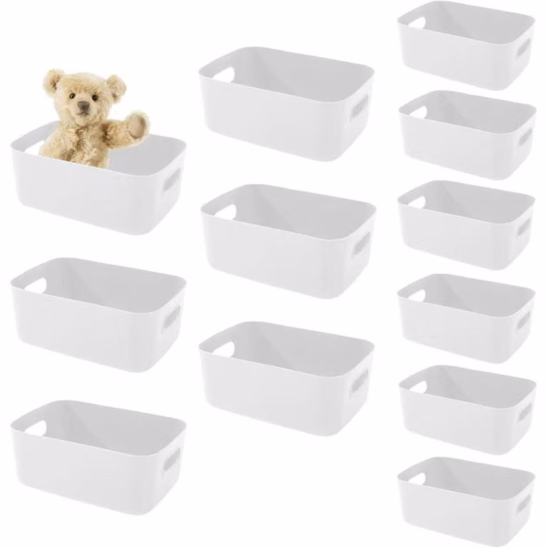 Contenitori in plastica con maniglia, 12 pezzi, 2 dimensioni, colore bianco