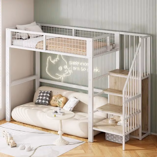 Letto a soppalco per bambini 90 × 200 cm con scala, armadio e ripiani, senza materasso, metallo bianco