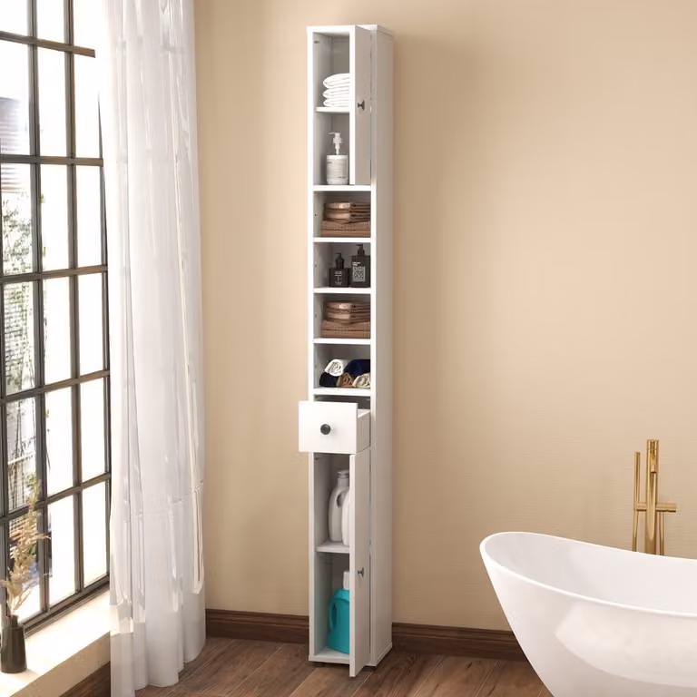 Armadio da bagno slim Costway bianco con 1 cassetto e 5 ripiani regolabili
