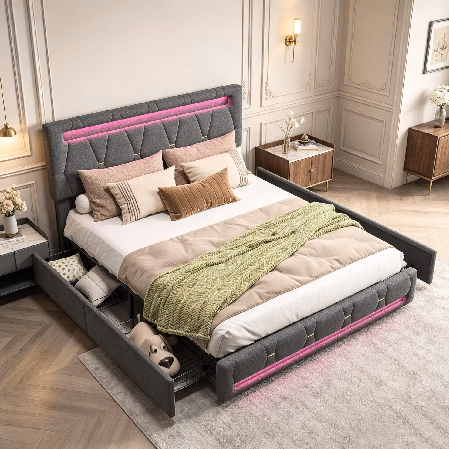 Letto imbottito INONEFT, 140x200 cm, con 4 cassetti, poggiatesta regolabile in altezza, letto matrimoniale con LED e rete a doghe, letto multifunzionale con contenitore, rivestito in lino