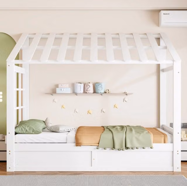 Letto per bambini a casetta con tetto; vani laterali e contenitore con apertura idraulica; 90 x 200 cm; bianco