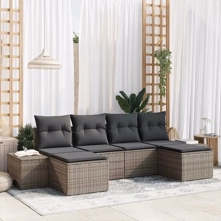 Set Divano da Giardino a L vidaXL in Polyrattan Grigio con Cuscini e Ottoman, 6 Pezzi