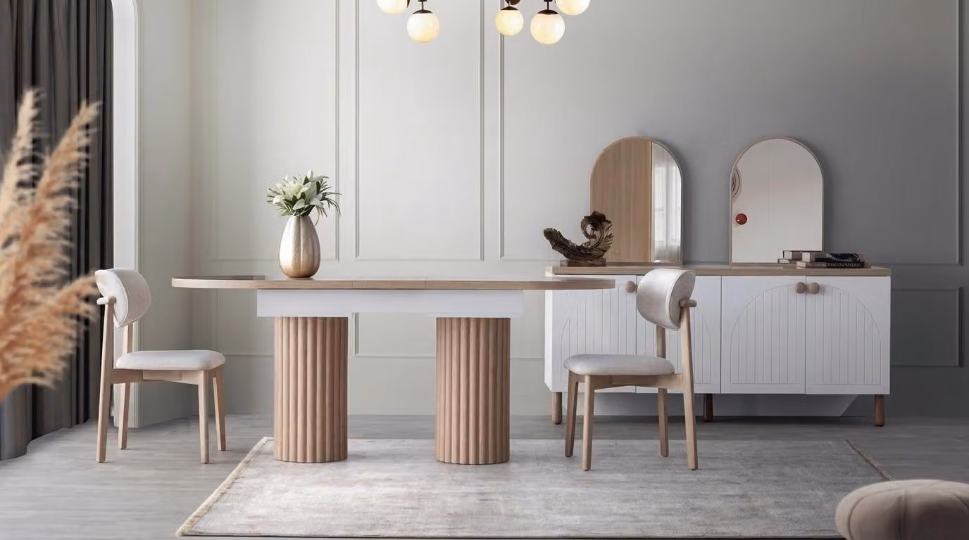 Set moderno per sala da pranzo: tavolo allungabile, mobile TV, credenza in legno beige