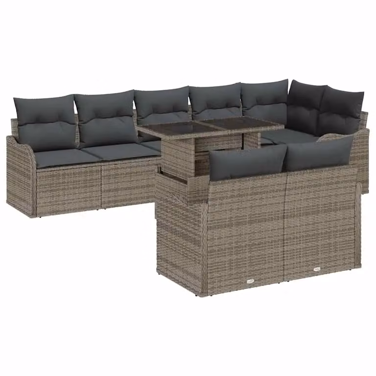Set Divano da Giardino vidaXL 9 pz Grigio in Rattan con Cuscini e Tavolino da Caffè