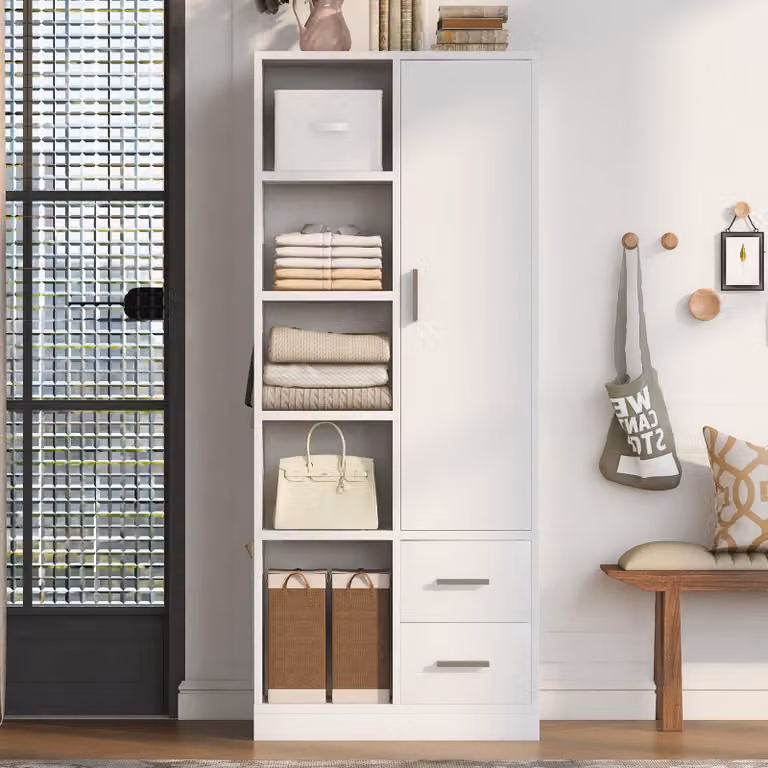 Armadio okwish con cassetti e due aste separate, mobile ingresso con diversi scomparti, ampio spazio di stoccaggio, bianco