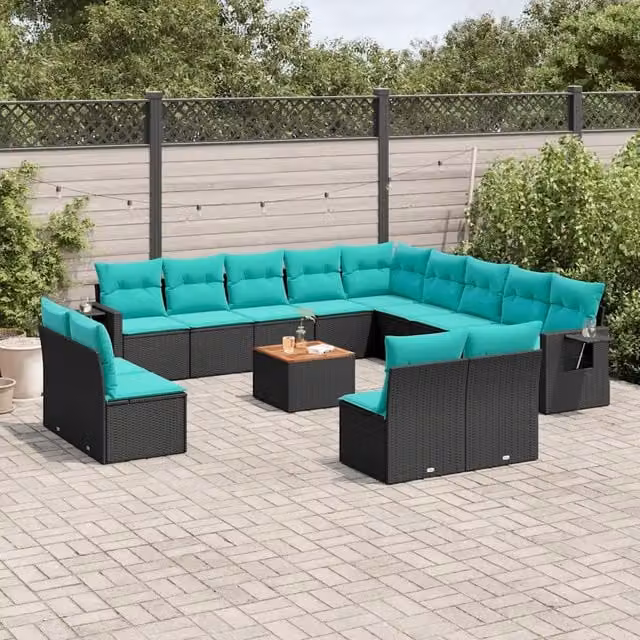 Set di divani da giardino vidaXL a forma di U in polyrattan nero con cuscini inclusi e tavolino da caffè