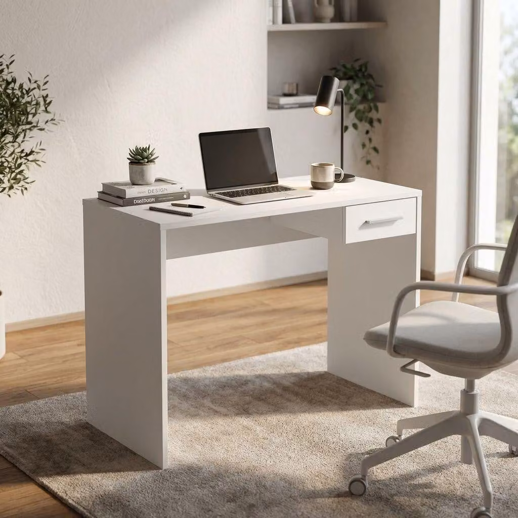 Milani Home - scrivania moderna 90 x 45 x 74 cm con cassetto, bianco, per studio e ufficio