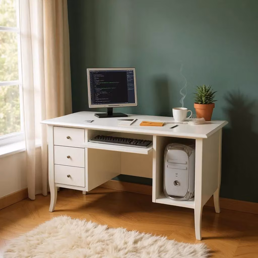 Scrivania porta computer in legno di pino bianco opaco Mobili 2G L: 130 cm, P: 75 cm, H: 81 cm – 2