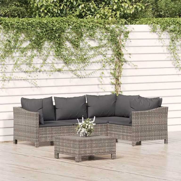 Set Divani da Giardino vidaXL 5 pz con Cuscini in Polyrattan e Struttura in Acciaio Grigio