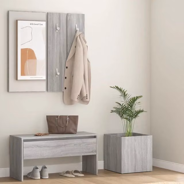 Set di mobili da corridoio moderno vidaXL in legno e plastica, colore grigio opaco, composto da panca, specchio, pannello e appendiabiti con ganci distribuiti