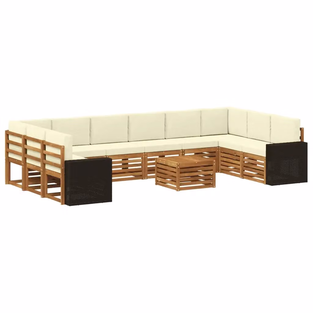 Set di divani da esterno vidaXL a forma di L con tavolo da caffè, 11 pezzi, in legno di acacia e tessuto beige e bianco resistente ai raggi UV – 2