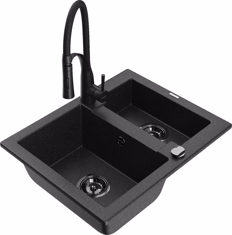 Mexen Carlos lavello in granito 1,5 vasca con miscelatore da cucina Aster, nero/argento metallizzato - 6518-73-73450-70-B