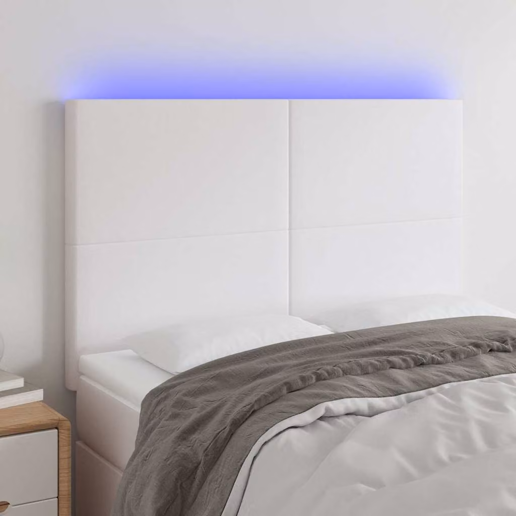 Testiera per letto vidaXL in similpelle bianca con illuminazione LED e porta di ricarica USB, L: 144 cm, P: 5 cm, H: 118/128 cm