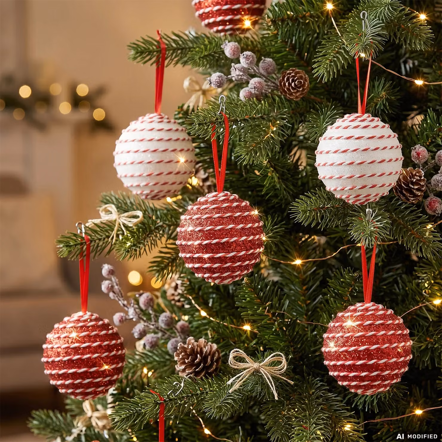 Set di 10 palline di Natale Vestiamo Casa con glitter bianche e rosse, diametro: 6 cm – 2