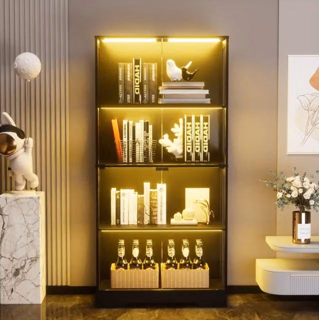 Vetrina 80x35x165 cm con LED a 3 colori e sensore di movimento in MDF e vetro nera