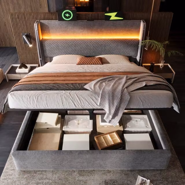 Letto 180x200 cm con contenitore idraulico, LED, USB e USB-C in lino grigio