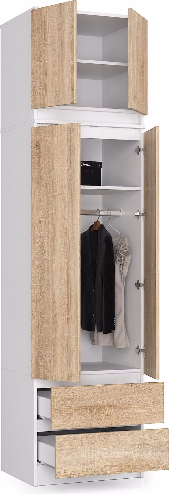 Armadio BDW con mobile superiore, armadio a 4 ante, bianco/rovere Sonoma