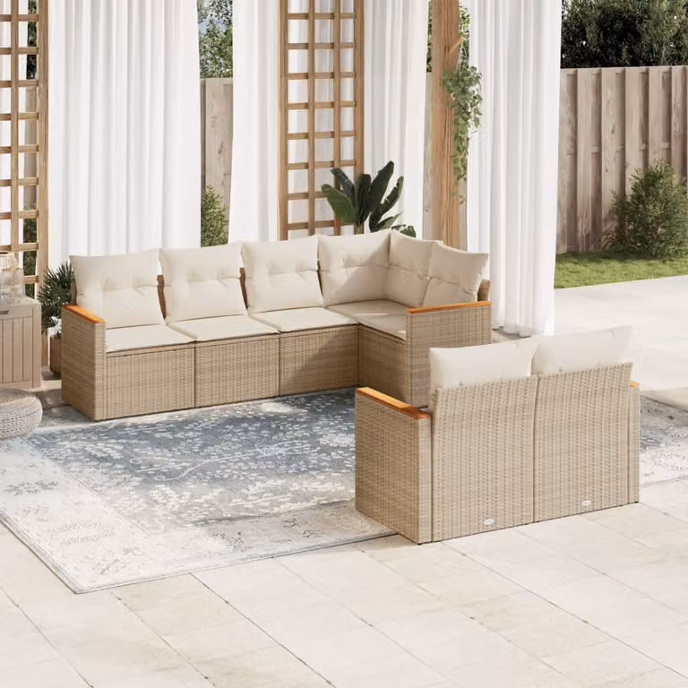 Set di divani da giardino vidaXL in rattan con 7 pezzi e cuscini beige e bianchi con struttura in acciaio verniciato a polvere