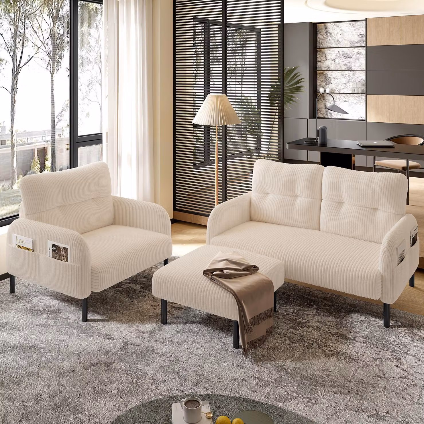 LVHOM Cord set di 3 2 posti+poltrona+sgabello, flessibile per il soggiorno divano ad angolo con tasche laterali, gruppo di sedute Beige